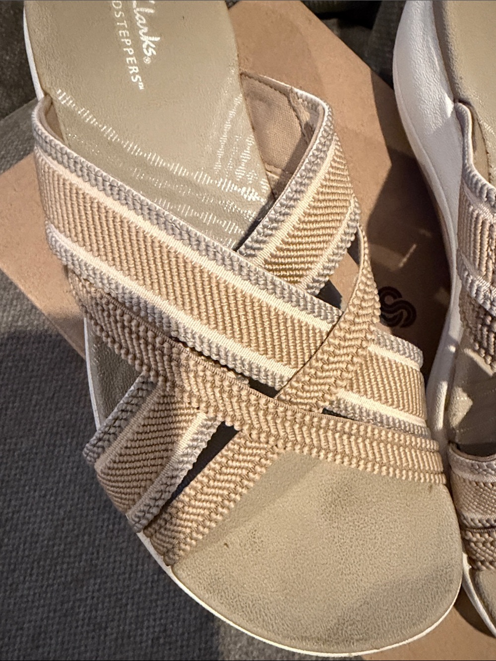 Clarks Tan Crisscross Comfort Slide Sandals - Picture 3 of 9